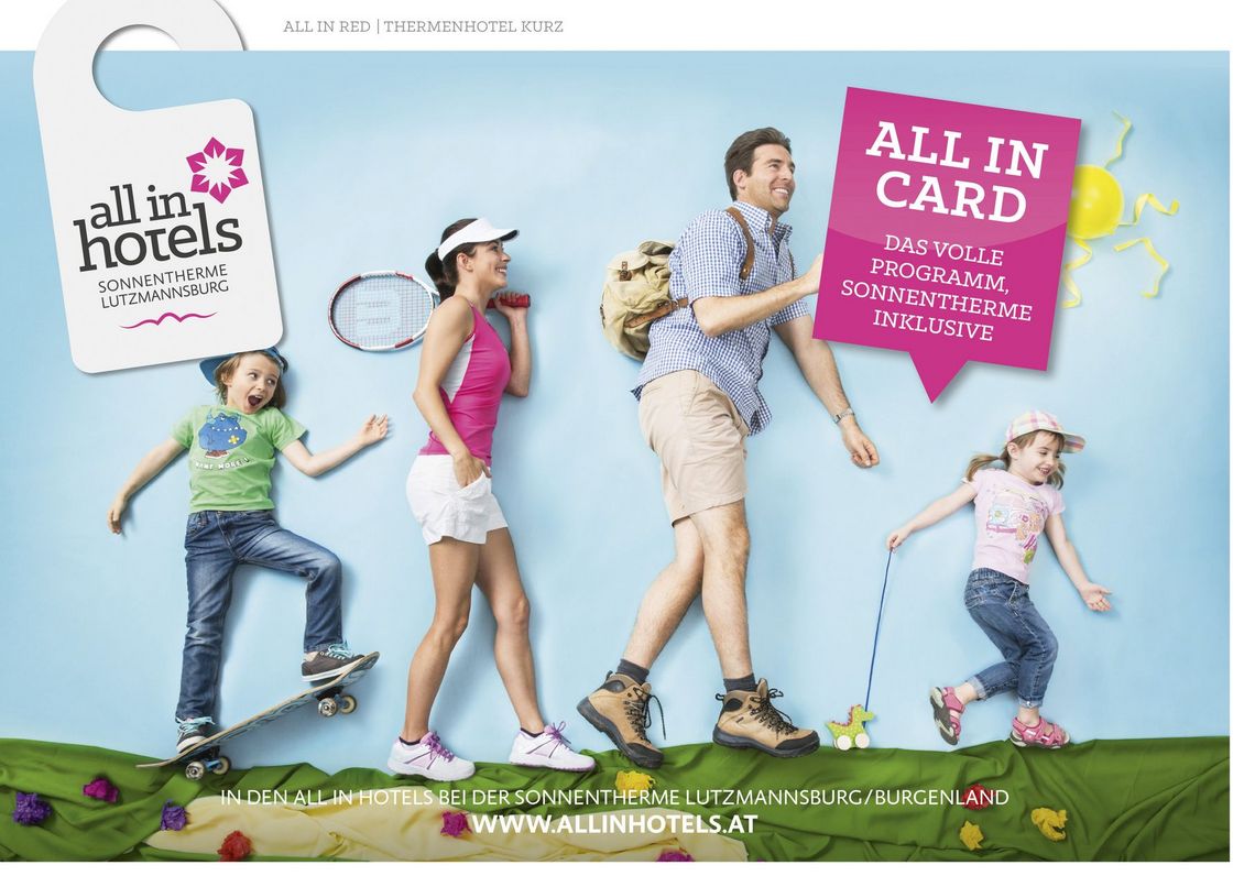 ALL IN Hotels - Glückliche Familie beim Wandern, Tennis, Schwimmen, Golfen, Minigolf, Skaten,  mit der ALL IN CARD